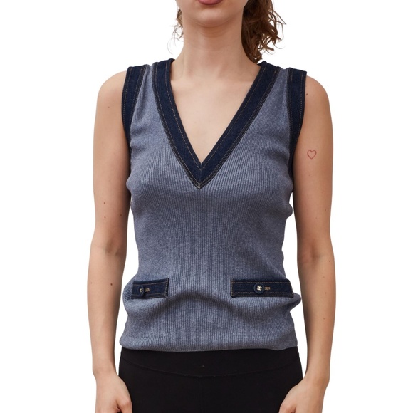 CHANEL CC BLUE DENIM TOP TRIMMED V NECK VEST TANK TOP 2007 (FR42 | LARGE) - Picture 1 of 8